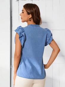 SHEIN LUNE Women's Ruffle Short Sleeve Denim Top - Medium Wash - View 2