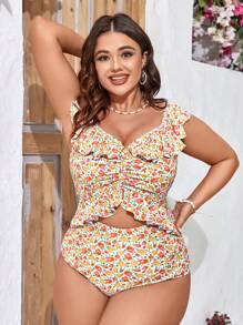 Swim Mod Summer Beach Plus Size Women's One Piece Swimsuit With Floral Print And Ruffled Hem Carnival - Multicolor - View 4