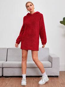 SHEIN Essnce Women's Hooded Sweatshirt Dress With 3d Ear Decoration - Red - View 3
