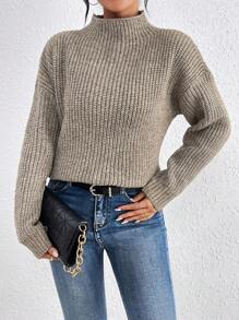 SHEIN Clasi Women'S Stand Collar Drop Shoulder Sweater - Camel - View 1