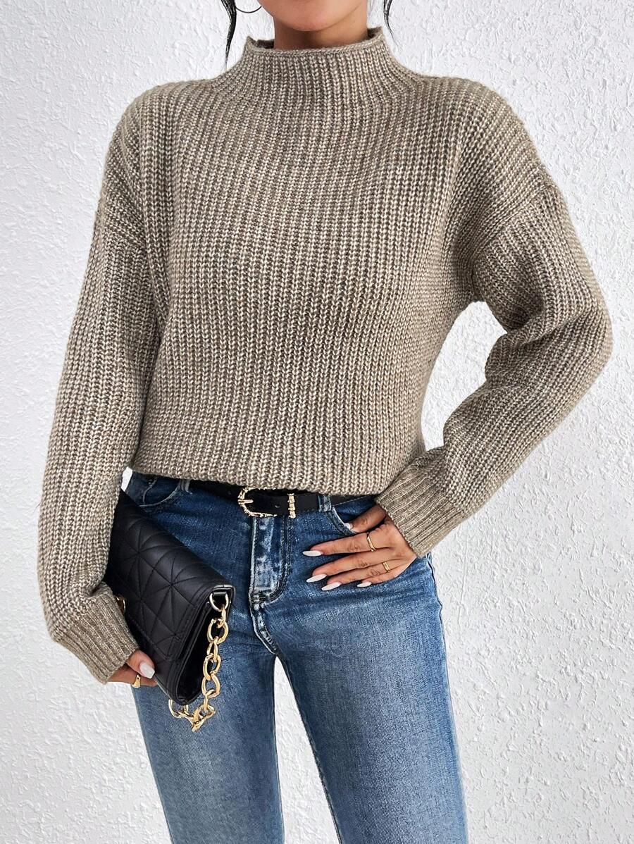 SHEIN Clasi Women'S Stand Collar Drop Shoulder Sweater - Camel - View 1