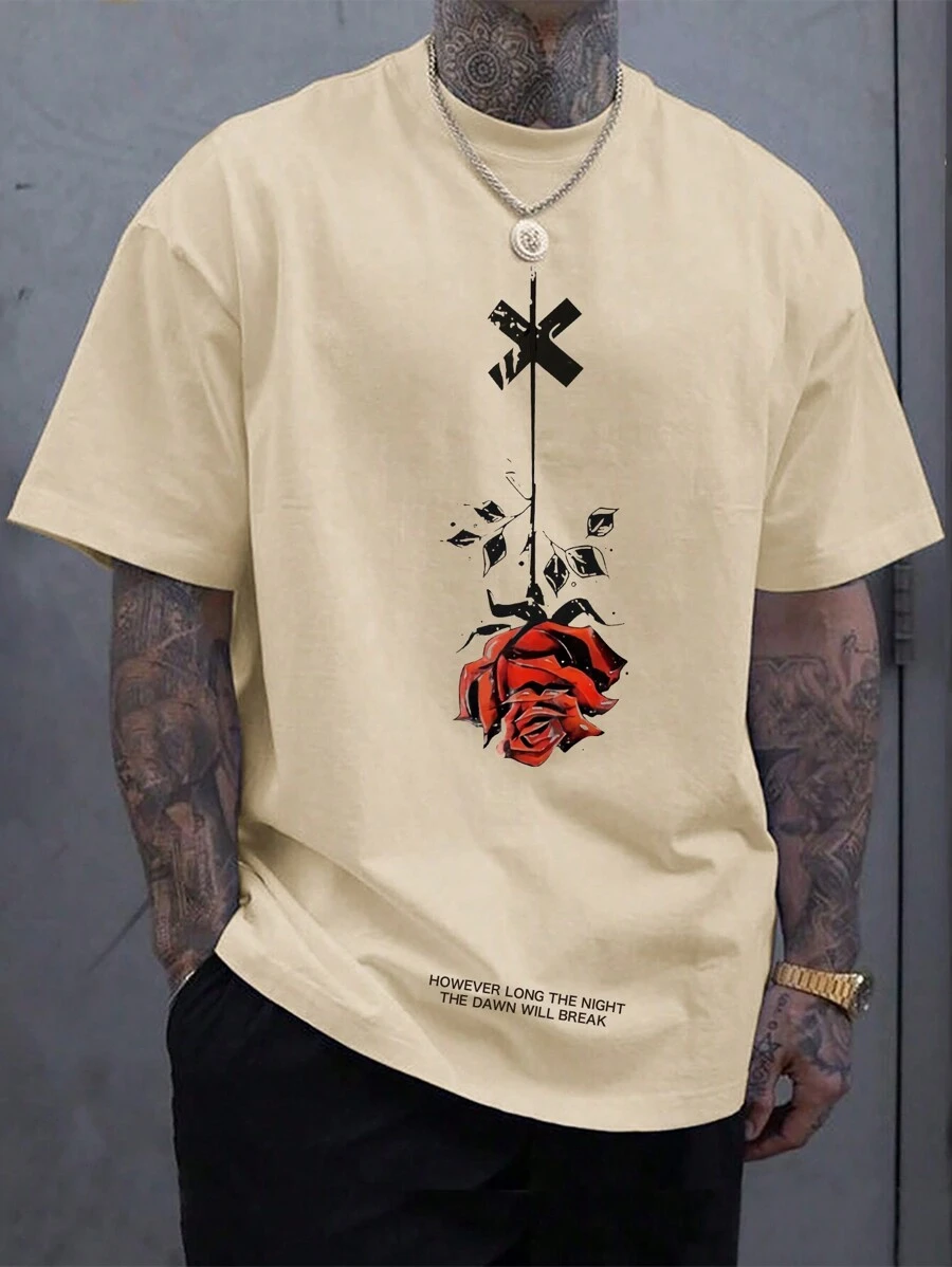 Manfinity Homme Men's Rose Print Short Sleeve T-Shirt - Khaki - View 1