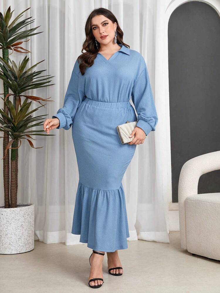Plus Size Women'S Turn-Down Collar Top And Mermaid Hem Skirt Two Pieces Set 2 Pieces Set