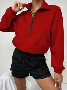 SHEIN Unity Zipper Half Front Kangaroo Pocket Sweatshirt - Red - View 1