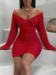 SHEIN Slayr 純色包裹式修身毛衣裙 - 紅色 - 查看 6