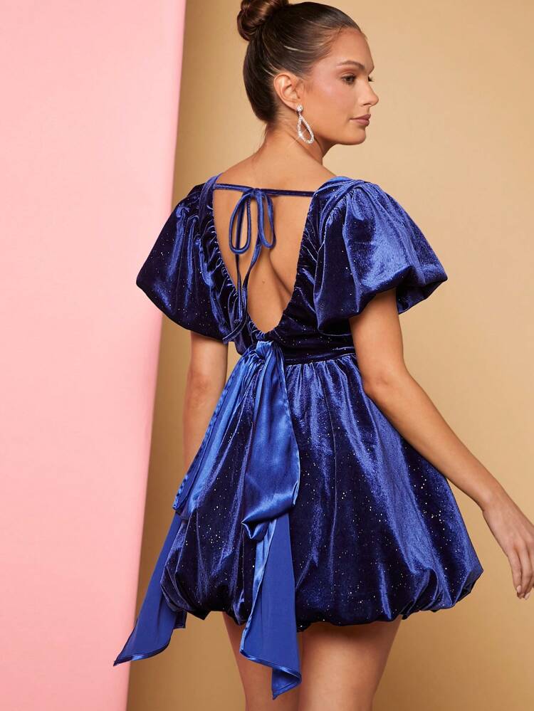Puff Sleeve Bubble Hem Velvet Dress