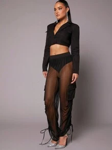 Hauture Conjunto de Duas Peças Blazers Cortados e Calças com Franzidos Transparentes - Preto - Ver 8