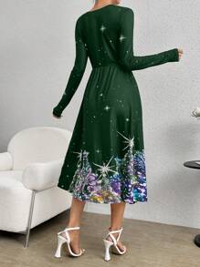 SHEIN LUNE Của phụ nữ Cây thông noel In Vòng cổ Tay áo dài Eo Kẹp chặt Đầm - Màu xanh lá cây đậm - Xem 2