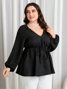 Mulvari 大尺碼女士荷葉邊腰部收緊設計襯衫 - 黑色 - 查看 4