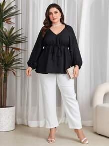 Mulvari 大尺碼女士荷葉邊腰部收緊設計襯衫 - 黑色 - 查看 5