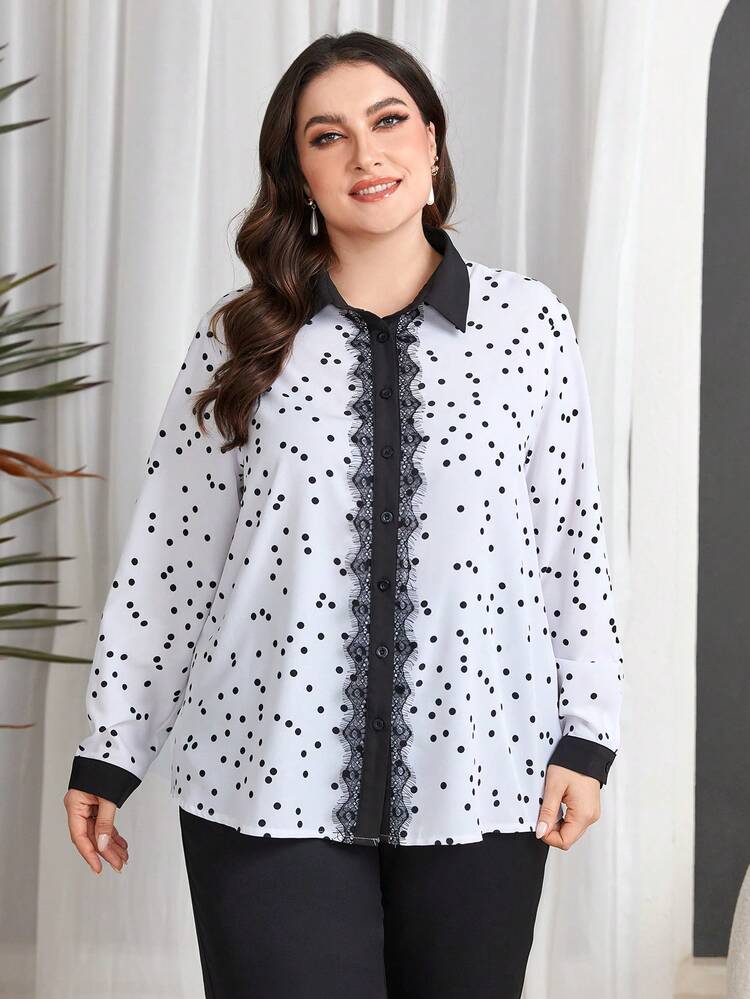 Plus Size Women'S Polka Dot Patchwork Lace Long Sleeve Shirt