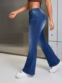 SHEIN SXY 女式修身牛仔喇叭褲 - 深色水洗藍 - 查看 3