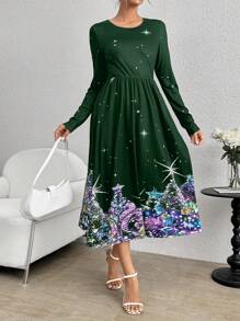 SHEIN LUNE Của phụ nữ Cây thông noel In Vòng cổ Tay áo dài Eo Kẹp chặt Đầm - Màu xanh lá cây đậm - Xem 3