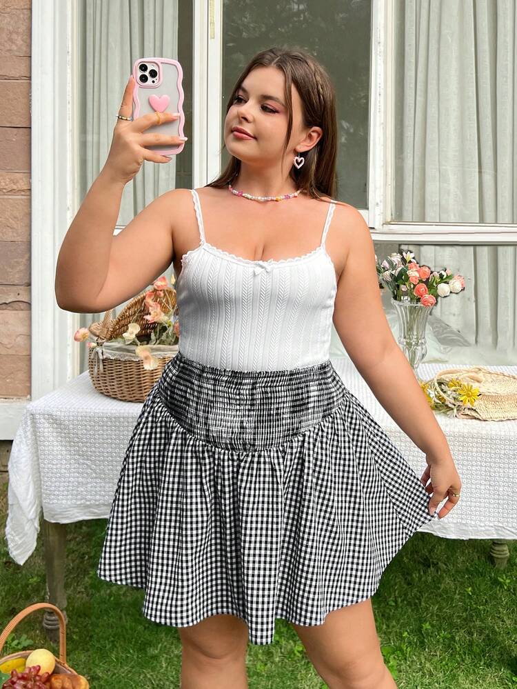 Plus Size Women's Waist-Shirred Plaid Skirt