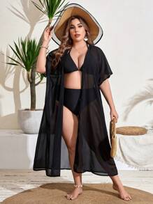 SHEIN Swim Curve 加大尺碼女士長短袖和服連衣裙音樂節 - 黑色 - 查看 3