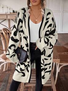 SHEIN LUNE 大碼女士印花針織開衫 - 米色 - 查看 3