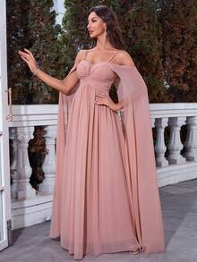 Cold Shoulder Ruched Bustier Chiffon Bridesmaid Dress - Baby Pink - View 8