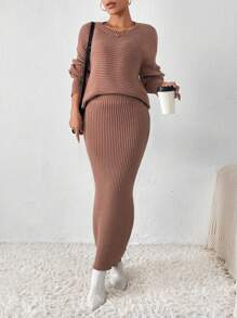 Chiquease Của phụ nữ Thả vai Áo len Và Váy dệt kim Hai chiếc Bộ - Cà phê nâu - Xem 1