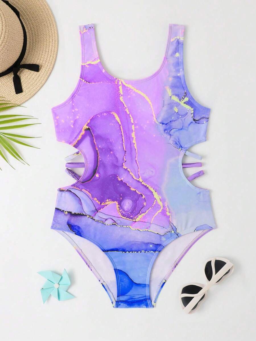 Tween 女孩印花鏤空全包覆腰部連身泳衣 - 彩色 - 查看 1