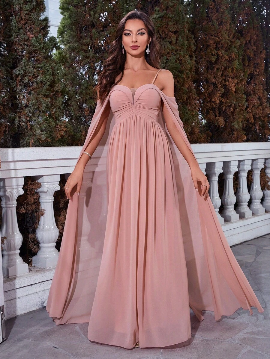 Cold Shoulder Ruched Bustier Chiffon Bridesmaid Dress - Baby Pink - View 1