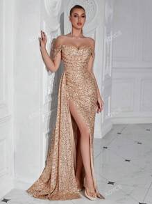 ADYCE Vestido largo de cóctel, fiesta, bienvenida, baile de graduación, cena elegante con abertura alta, plisado, lentejuelas, cinta fluida, elegante y formal para invitada de boda