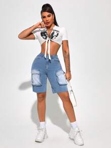 SHEIN SXY Cargo Denim Shorts - Light Wash - View 5