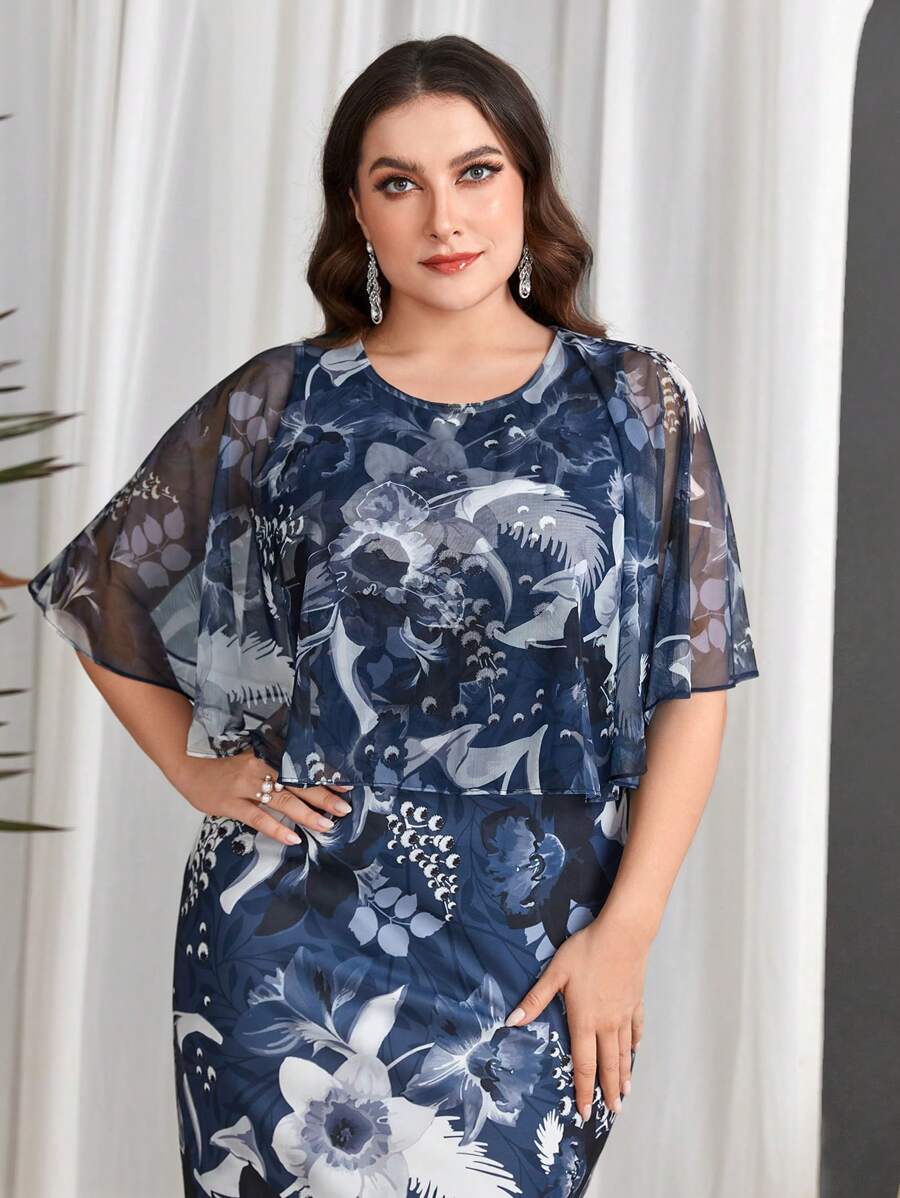 Modelyn Plus Size Floral Printed Patchwork Cape Dress - Multicolor - View 1