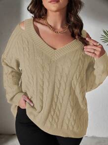 SHEIN LUNE Plus-Size Women's Solid Color Cold-Shoulder Pullover Sweater Knit Pullover Fall Winter - Apricot - View 1