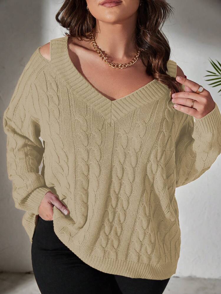 Plus-Size Women's Solid Color Cold-Shoulder Pullover Sweater Knit Pullover Fall Winter