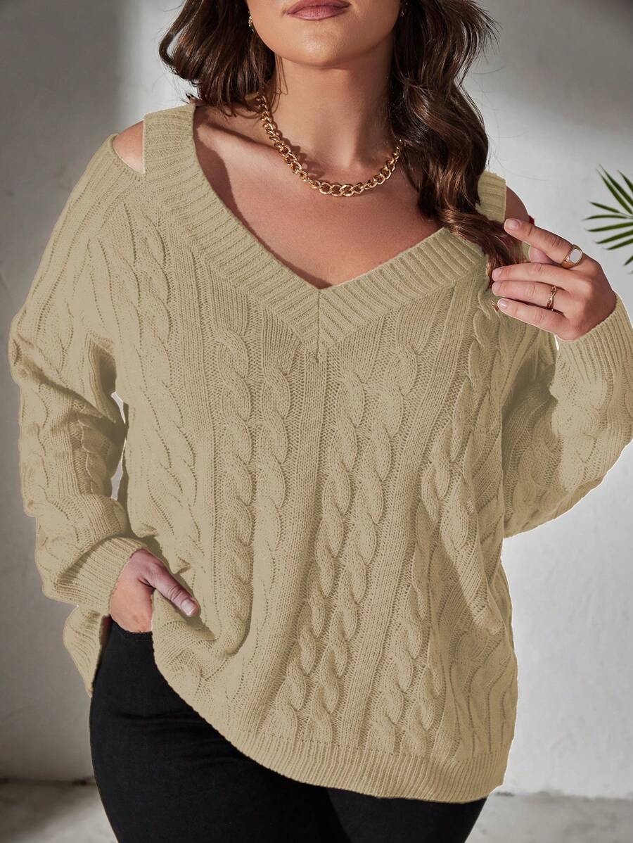 SHEIN LUNE Plus-Size Women's Solid Color Cold-Shoulder Pullover Sweater Knit Pullover Fall Winter - Apricot - View 1