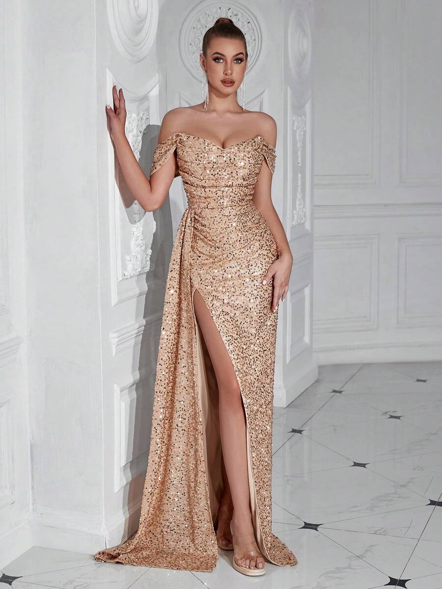 ADYCE High Slit Sequined Ruched Cocktail Party Evening Homecoming Long Dress With Flowing Ribbon Elegant Formal Prom Wedding Guest Gown, For Graduation, Dinner Elegant Sequin - 香檳色 - 查看 1