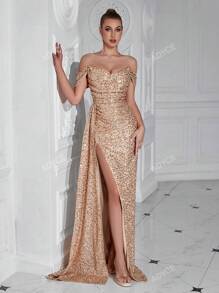 ADYCE Vestido largo de cóctel, fiesta, bienvenida, baile de graduación, cena elegante con abertura alta, plisado, lentejuelas, cinta fluida, elegante y formal para invitada de boda
