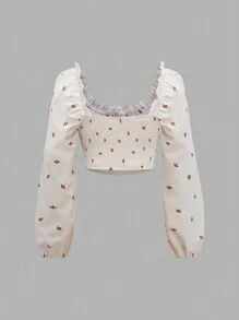 Sweetra Của phụ nữ In toàn bộ Trang trí ren Tay áo lồng đèn Áo sơ mi - trắng - Xem 2