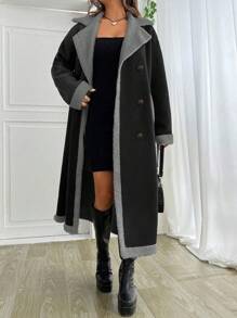 SHEIN EZwear Women Daily Wear Colorblock Leather Long Coat - Black - View 1