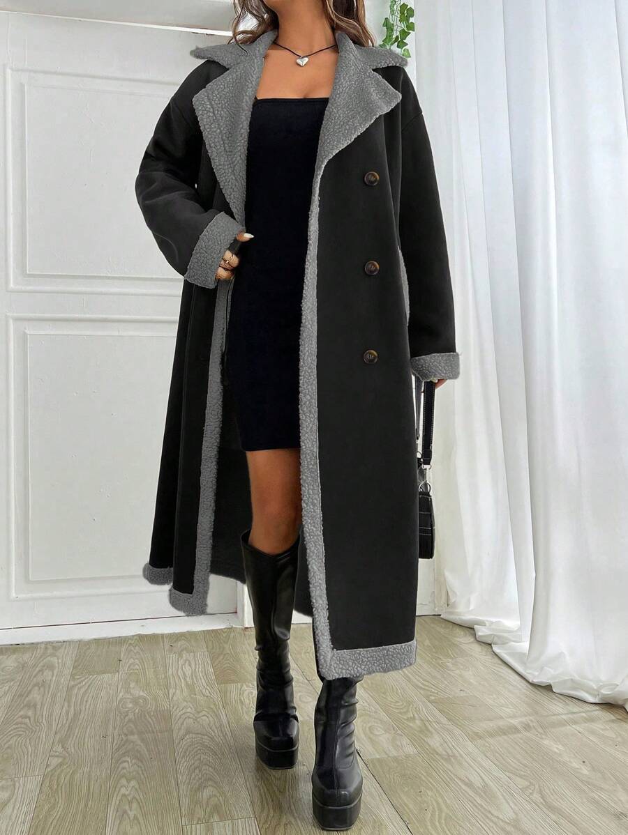 SHEIN EZwear Women Daily Wear Colorblock Leather Long Coat - Black - View 1