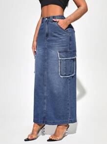 SHEIN SXY Tillbaka Slits Cargo Denim Kjolar - Mörktvätt - Visa 3