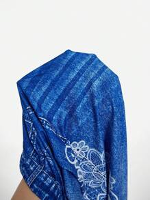 SHEIN Clasi Quần legging phối denim và họa tiết hoa, kiểu dáng thanh lịch, đa năng, thích hợp mặc thường ngày vào mùa hè, quần legging phối ren tương phản denim dành cho nữ cỡ lớn, quần legging cạp cao ôm bụng, thích hợp mặc mùa xuân/hè. - Màu xanh lam - Xem 9