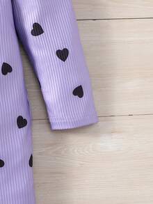 SHEIN Little Girls' Heart Pattern A-Line Ribbed Dress - Purple - View 6