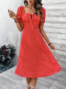 SHEIN VCAY 女士波點印花泡泡袖泡泡裙 - 紅色 - 查看 4
