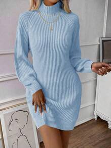SHEIN Clasi 女士純色立領毛衣連衣裙 - 淺藍色 - 查看 4