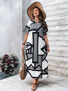 EMERY ROSE Kích thước lớn Của phụ nữ Bản in trừu tượng Đường viền cổ có rãnh Dài Mùa hè Đầm - Nhiều màu - Xem 4