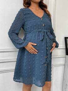 SHEIN Rochie De Maternitate Eleganta Decolteata Cu Cravata In Talie - Albastru - Vizualizare 5
