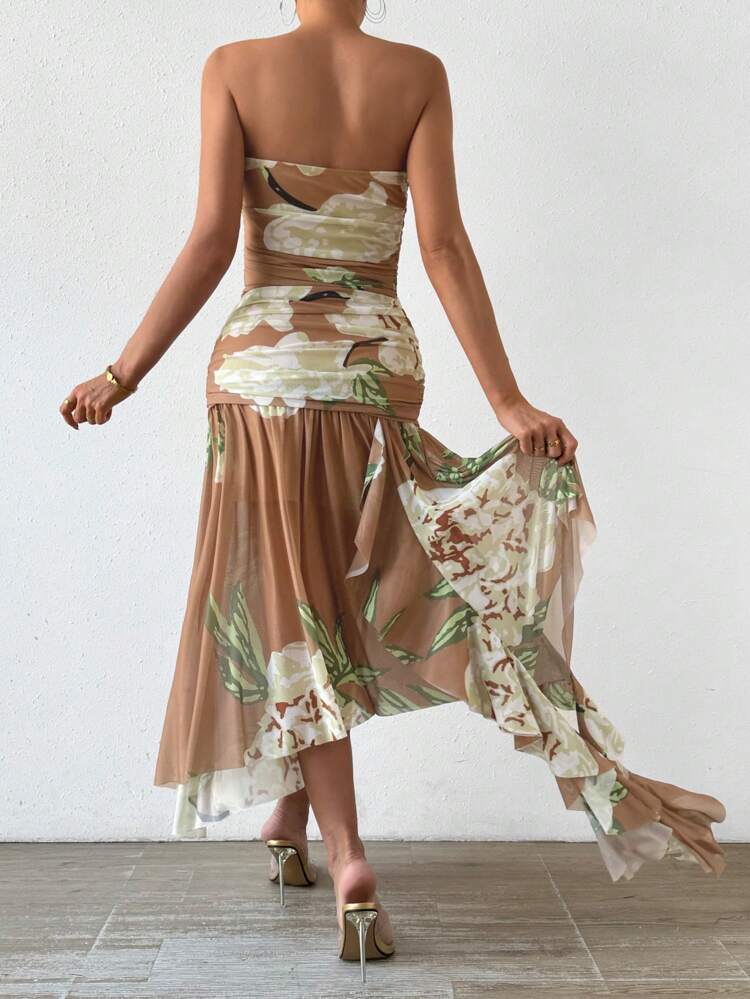 Women'S Floral Print Asymmetrical Hem Strapless Dress With Ruffles
