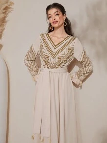 Al Najma Robe imprimée géométrique à manches longues pour femmes, robe Eid, modeste