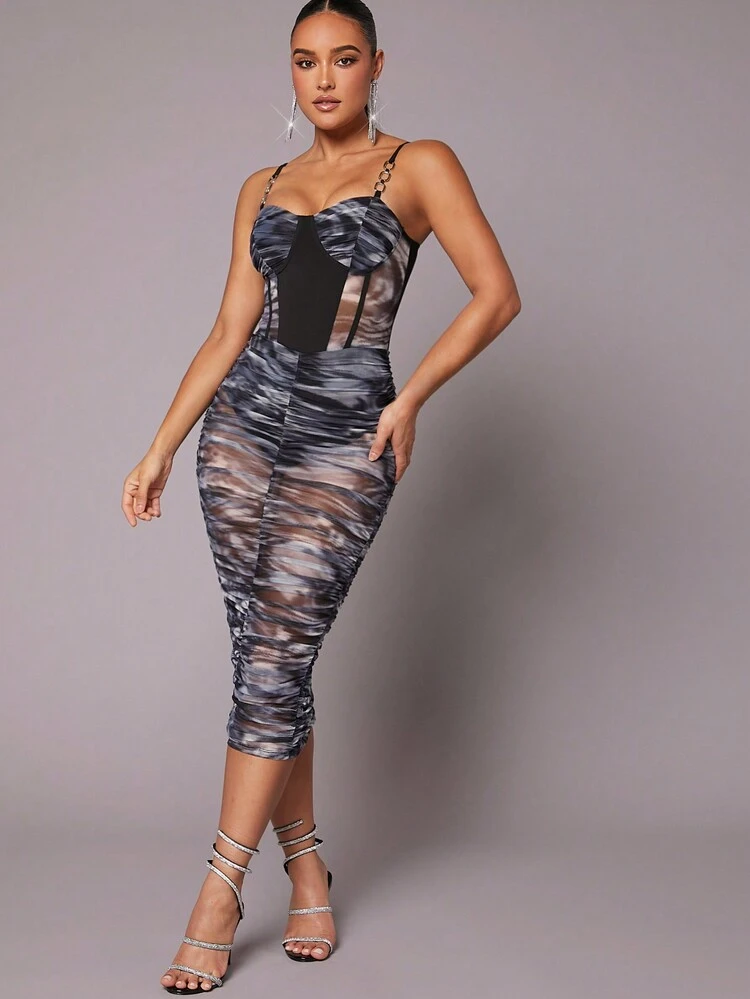 Marble Print Sheer Chain Strap Dress