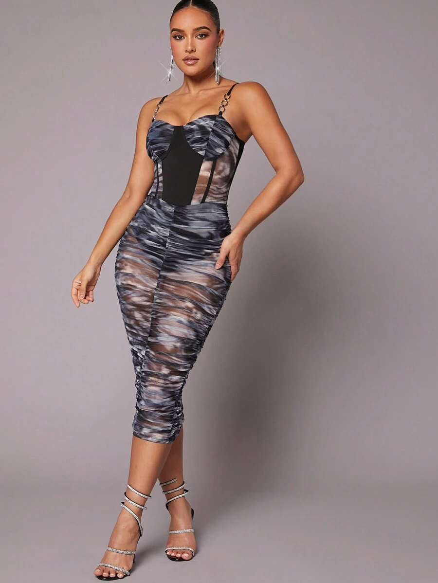 Hauture 大理石印花透視鏈帶連身裙