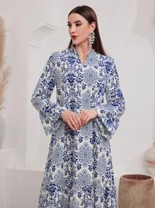 Al Najma Printed Notched Hemline Modest Long Sleeve Dress