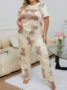 Plus Size Cute Bear Printed Pajama Set - Yellow - View 4