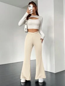 SHEIN Essnce Solid Color Flared Pants With Thermal Lined - Apricot - View 4