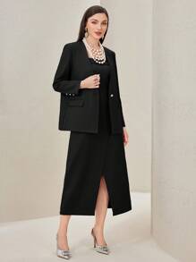 Modelyn 連身裙底部包裝款式的背心裙和單排釦夾克套裝 - 黑色 - 查看 4